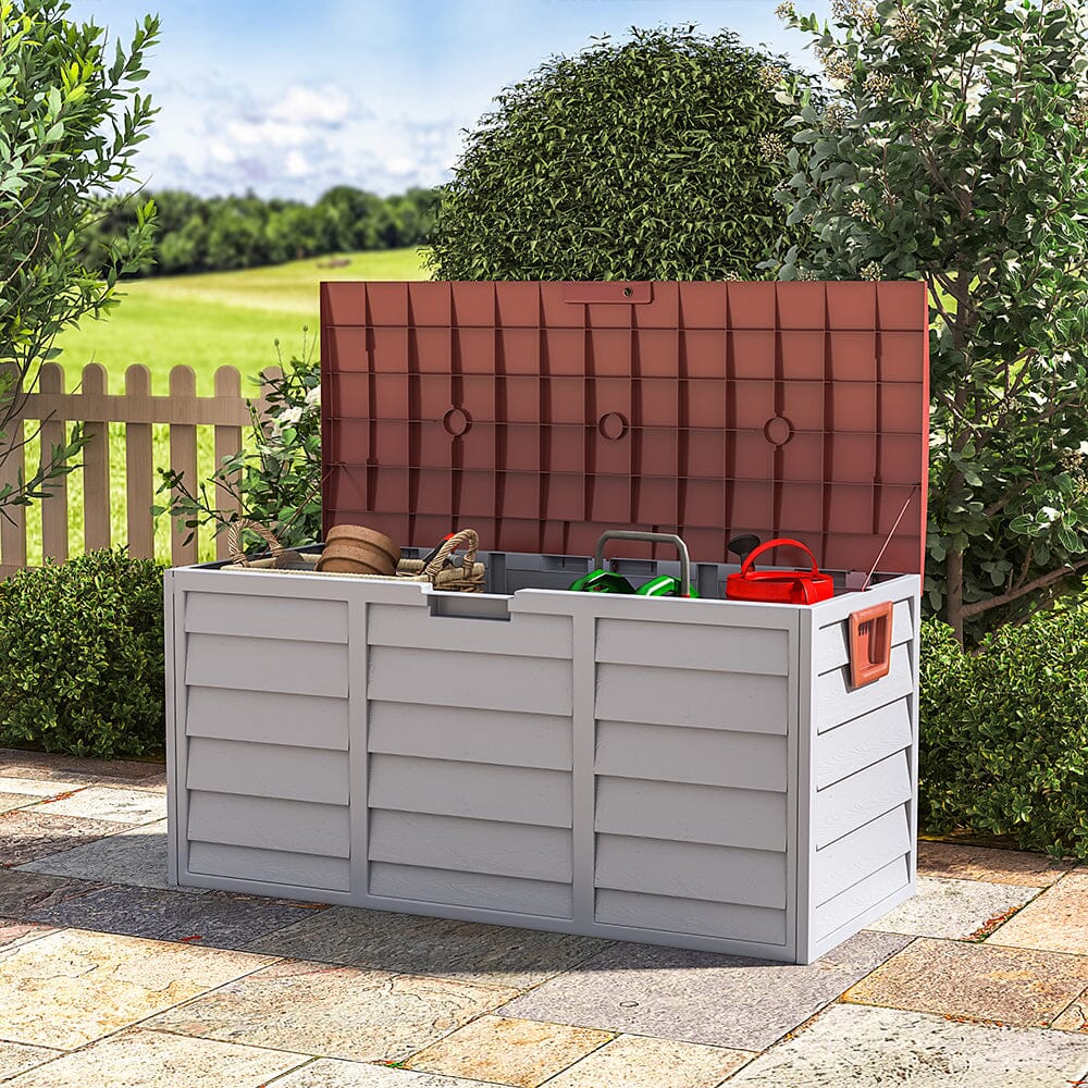 290L brown garden storage box with wheels – outdoor lockable waterproof container for tools and cushions